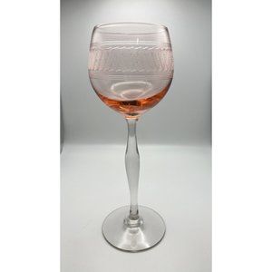 Vintage Hand Blown Wine Glass Etched Peachy Pink